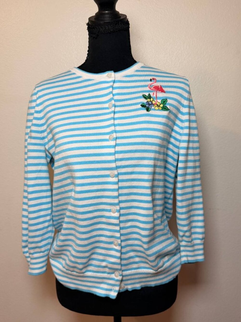 Talbots Blue Striped Cardigan Embroidered Flamingo Preppy Coastal Style